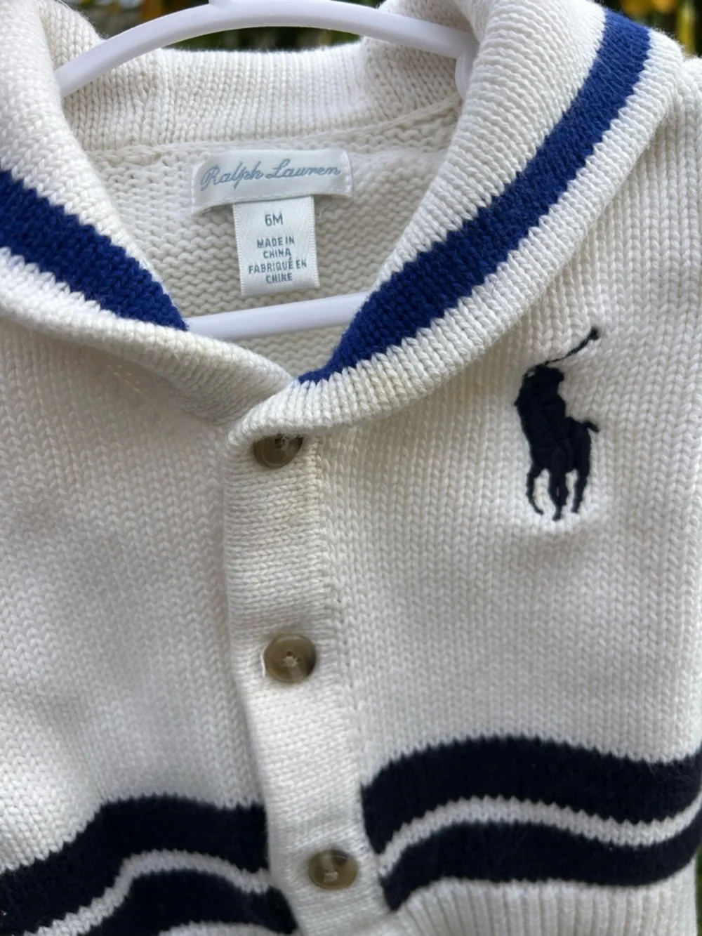 Ralph Lauren Cream Baby Shawl Cardigan with Navy Stripes flaws